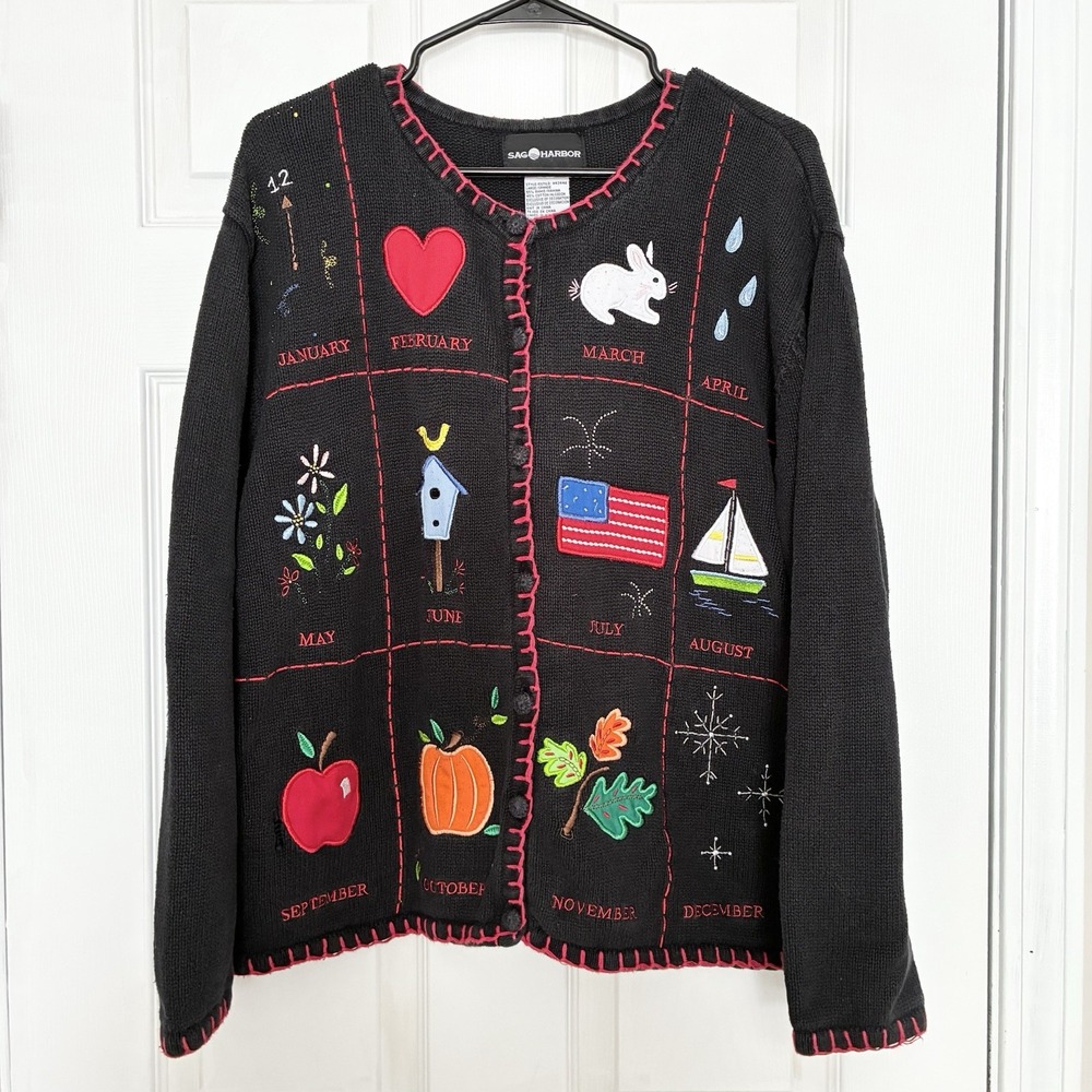 VTG Sag Harbor Months of The Year Calendar Teacher Cardigan Sweater Womens Large